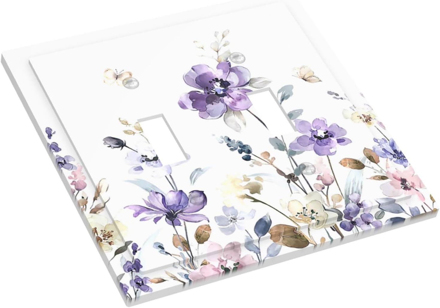 Decorative Switch Plates Purple Floral Lilac Watercolor Flower Leaves Butterfly Wildflower 2 Gang Double Toggle Wall Plate Outlet Light Switch Cover Electrical Faceplate for Bedroom Home Decor