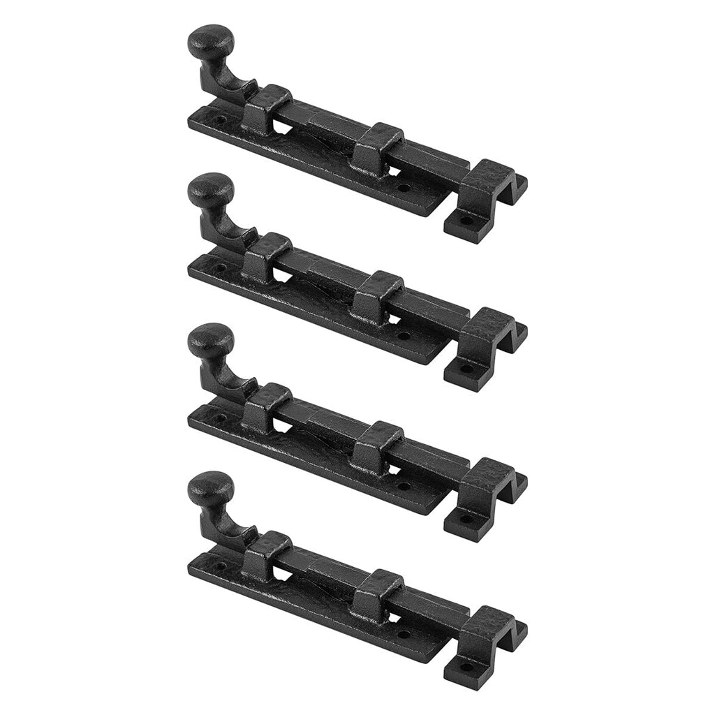 Renovators Supply Manufacturing Slide Bolt Latch 4 in. Black Wrought Iron Slide Bolt with Catch and Mounting Hardware Pack of 4