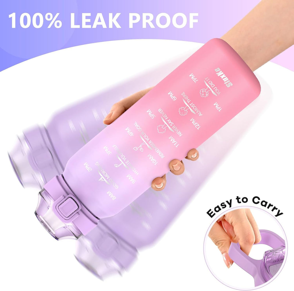 Stainless Steel Insulated Water Bottle 32oz with Handle, 1L Double Wall Insulated Bottle with Time Marker BPA Free, 1000ml Metal Water Flask for Outdoor Working School PURPLE PINK