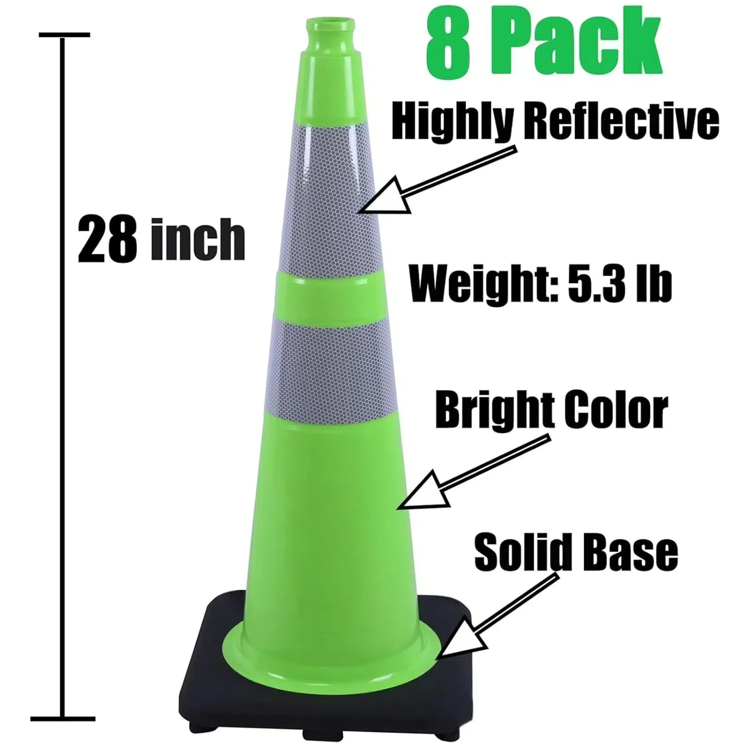 BESEA 8Pack 28" inch Traffic Cones Green Safety Cones with 6 inch Reflective Collar for Construction Driveway Road Parking Use(8 PCS)