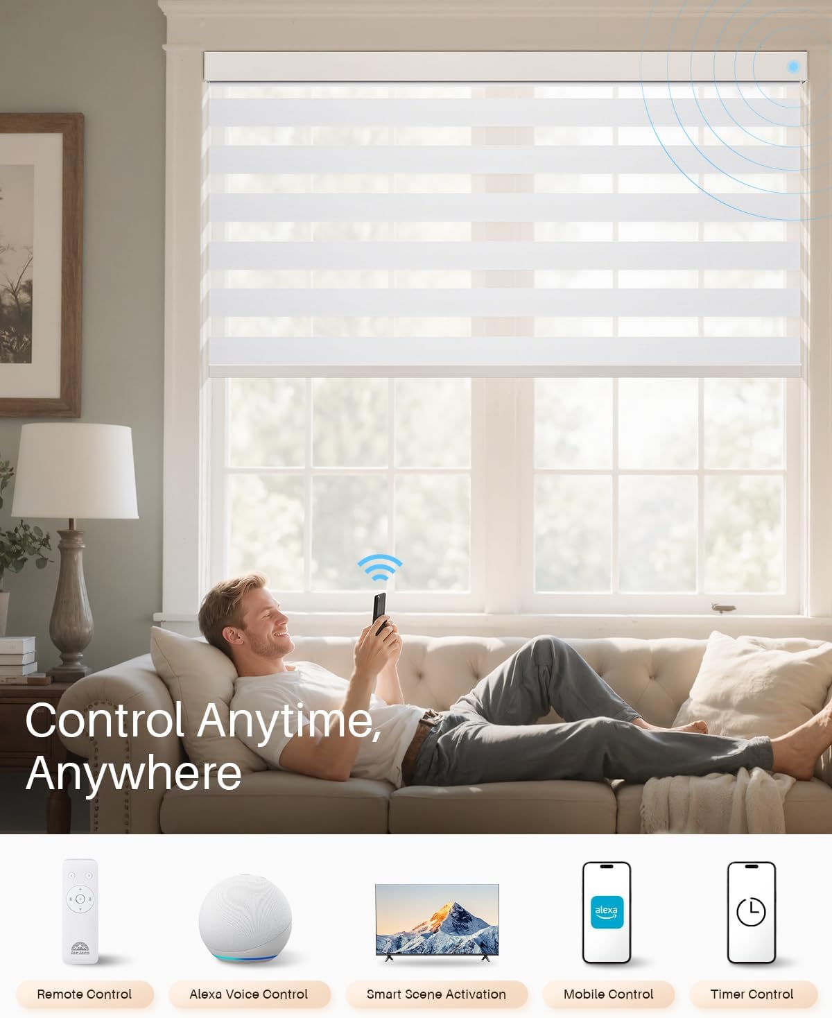 Smart Zebra Blinds for Windows, Alexa Motorized Blinds with Remote Control, Automatic Electric Power Zebra Shades for Indoor Windows (72" W x 72" H, White)