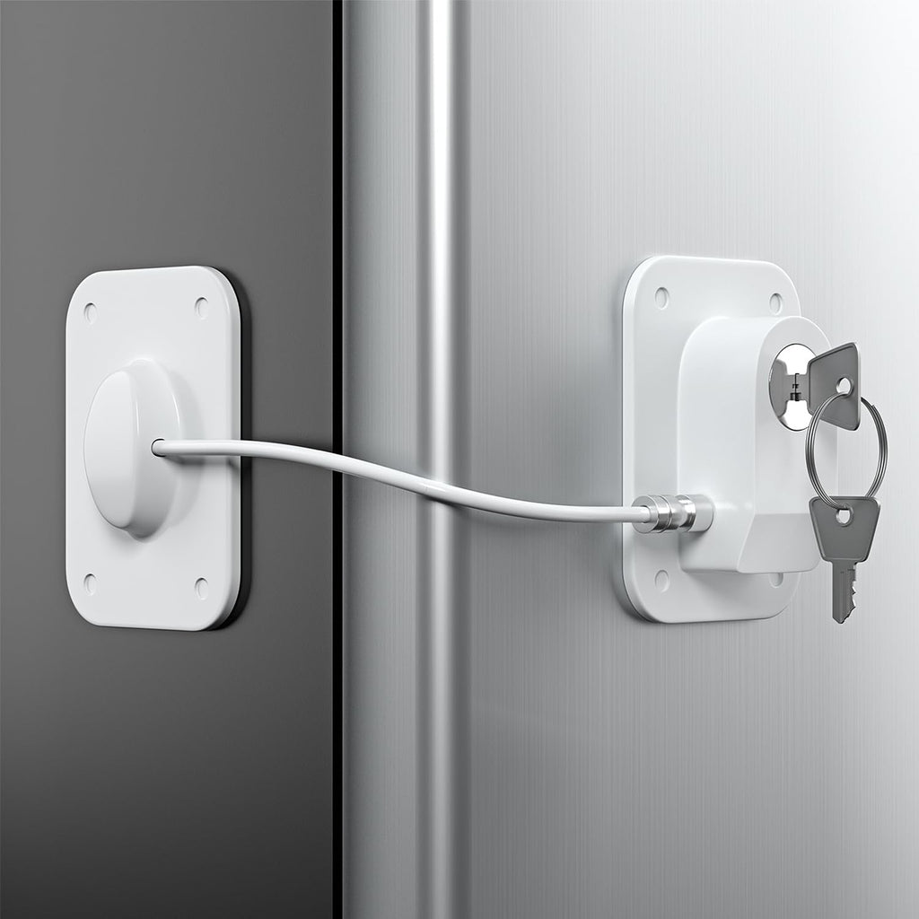 Refrigerator Lock 2 Packs, Fridge Lock with Silicone Wire Protection Fridge Locks for Kids Easy to Use and Install Cabinet Locks with Key, White