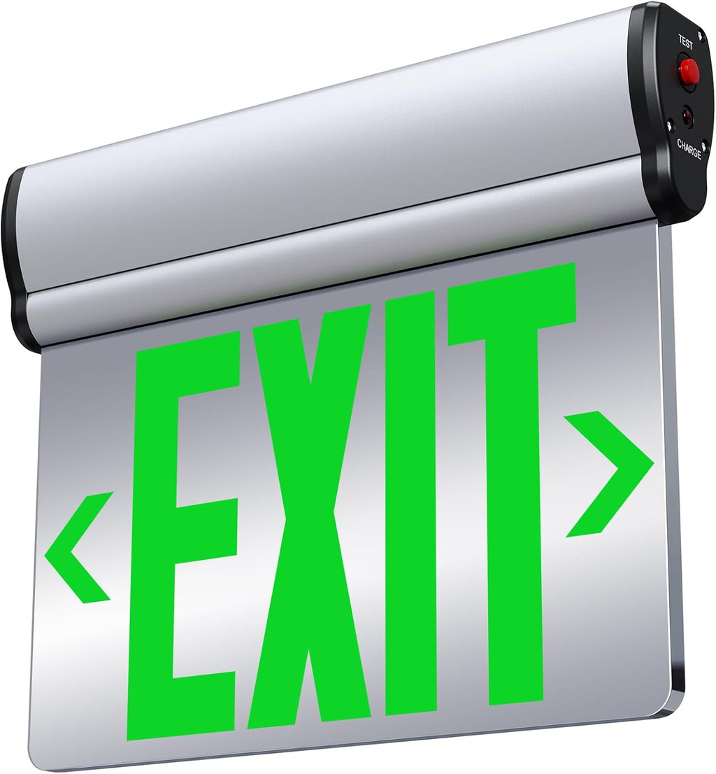 Led Edge-Lit Exit Sign ,Brushed Aluminum Housing Double-Sided Mirrored Rotating Acrylic Panel,Hardwired Emergency Exit Signs with Battery Backup, 120V-347VAC,Green Led Emergency Exit Light for Business , UL Listed,Top/Side/Wall Mount ( 1 Pack)