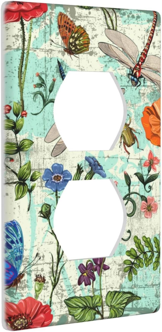 Dragonflies Flowers Butterfly 1 Gang Outlet Cover Outlet Light Switch Cover Decorative Single Duplex Wall Plate Cover For Home Living Bedroom Kitchen Decorative