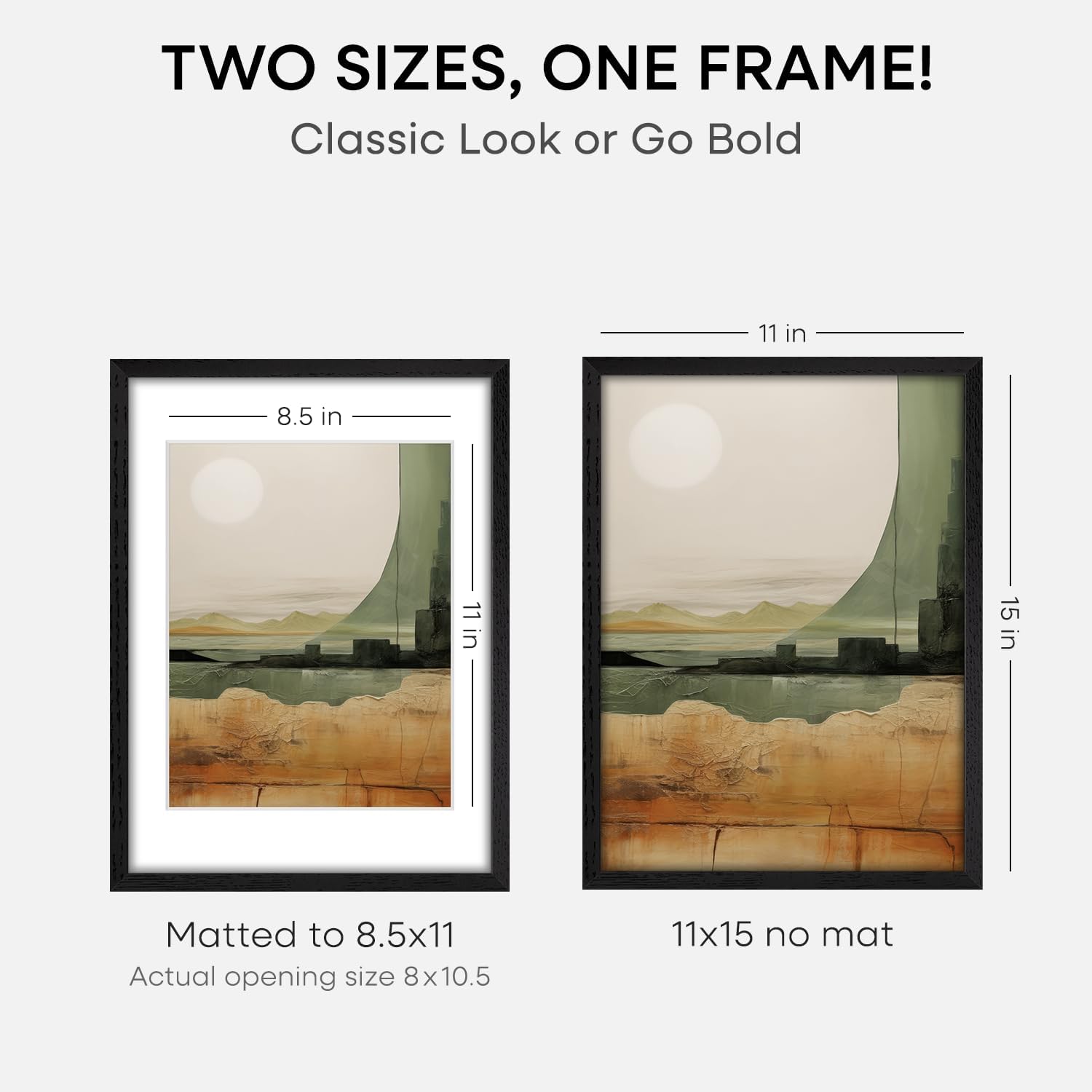 Homeforia 11x15 Picture Frame Black Wood, High End Oak 11x15 Poster Frames with Mat 8.5x11, 11 x 15 Wooden Frames Matted to 8.5 x 11 inch Photo, 15x11 Hanging Frame, Tempered Glass, Wall Kit, Set of 1