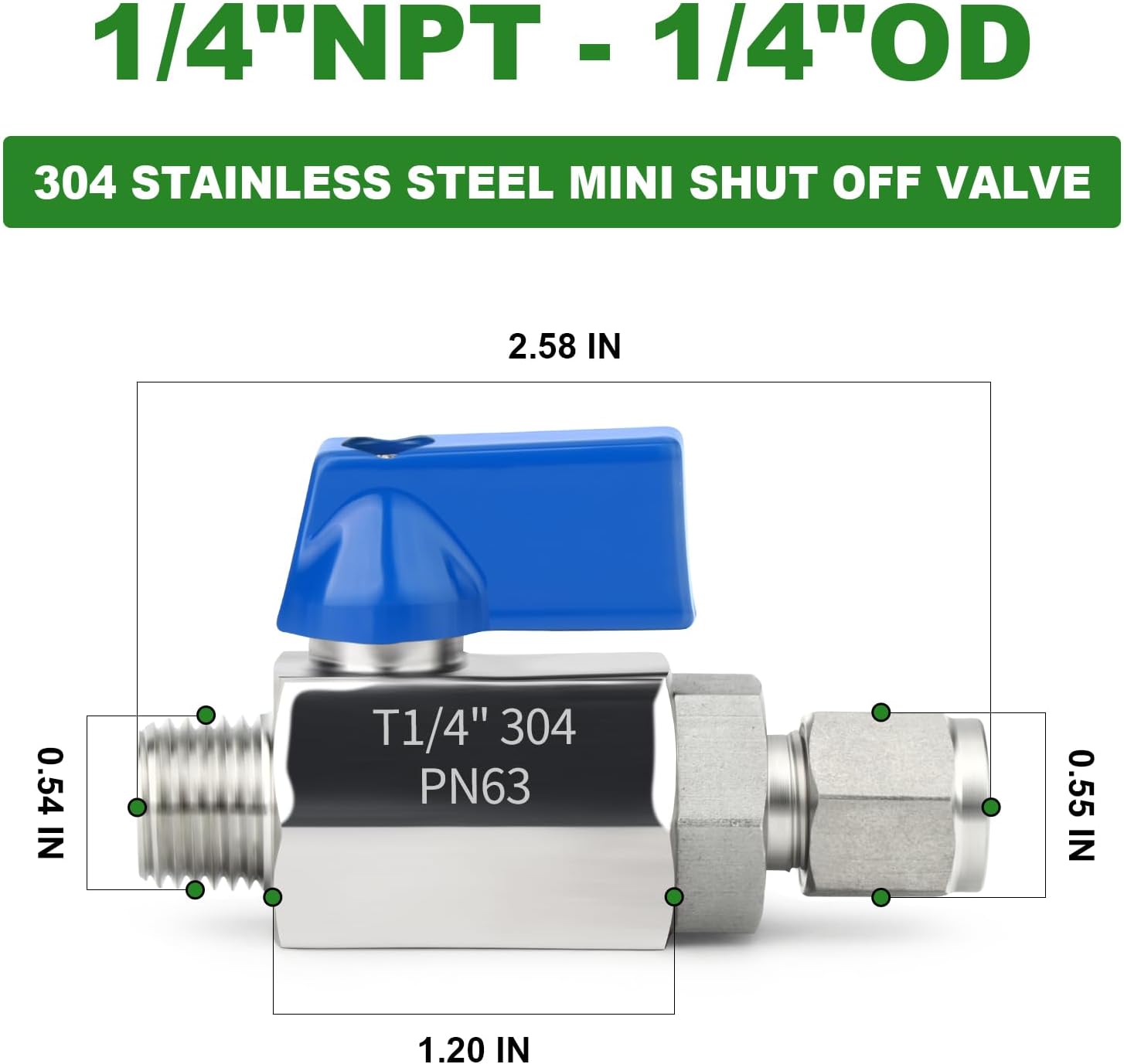 TAISHER 2PCS 304 Stainless Steel Compression Mini Ball Valve Shut Off Switch, 1/4" Tube OD x 1/4" NPT Male