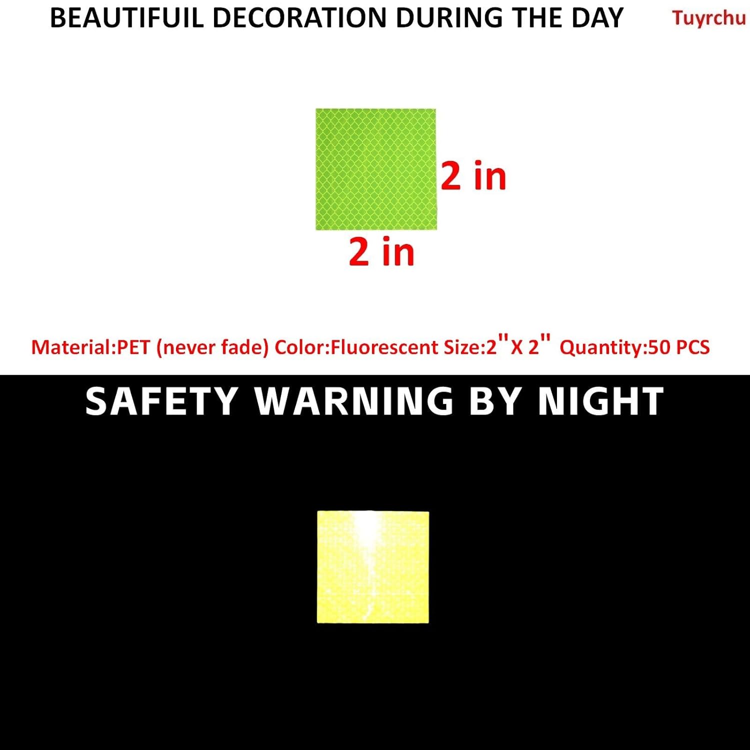 Non Fading Fluorescent Yellow Reflective Stickers 2 inch X 2 inch, Outdoor Waterproof High Visibility Safety Adhesive Reflector (50 Pcs)
