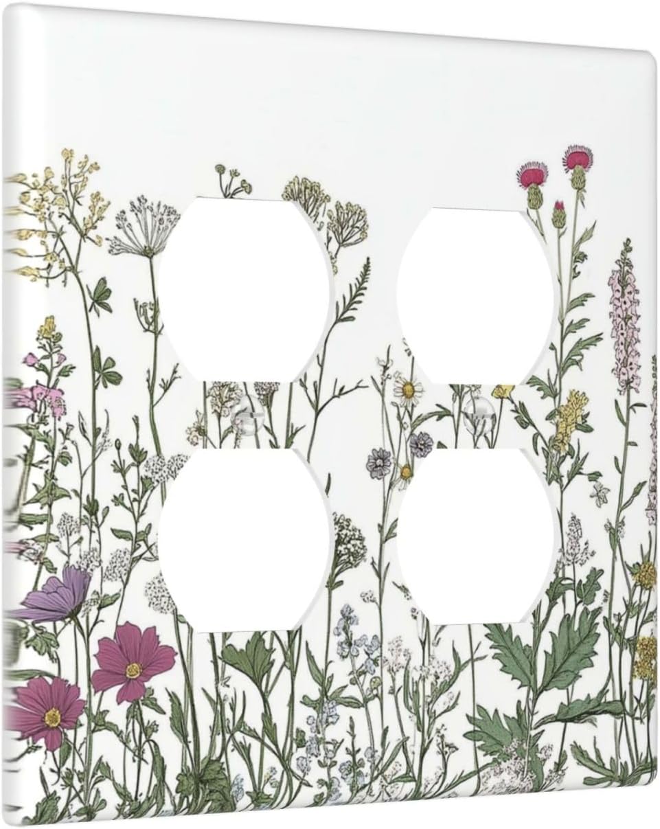 Vintage Herbs Wildflowers Plant Floral Outlet Covers 2 Gang Double Duplex Decorative Light Switch Covers Electrical Wallplates Socket Faceplate For Bed Room Home Decor