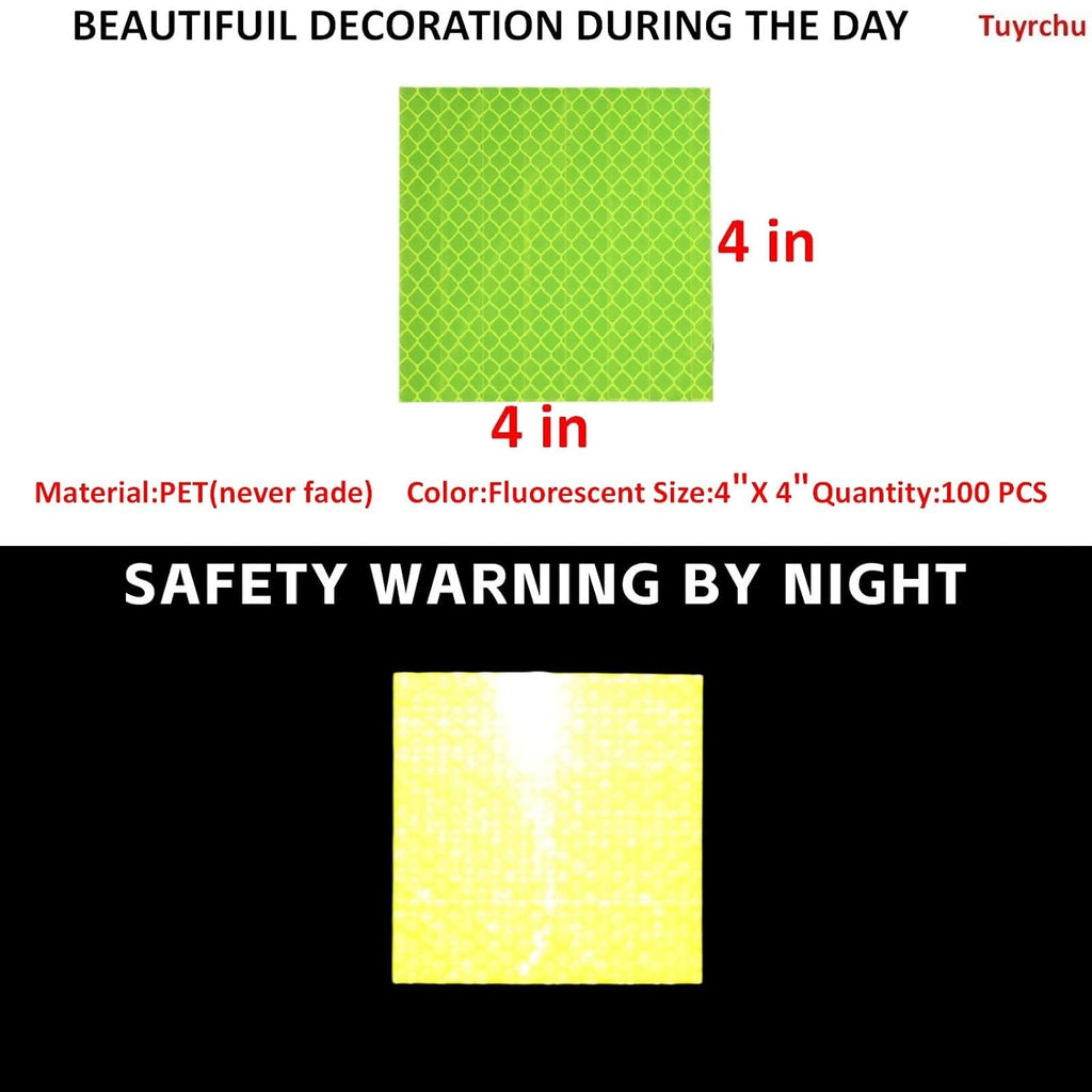 Non Fading Fluorescent Yellow Reflective Stickers 4 inch X 4 inch, Outdoor Waterproof High Visibility Safety Adhesive Reflector (100 Pcs)