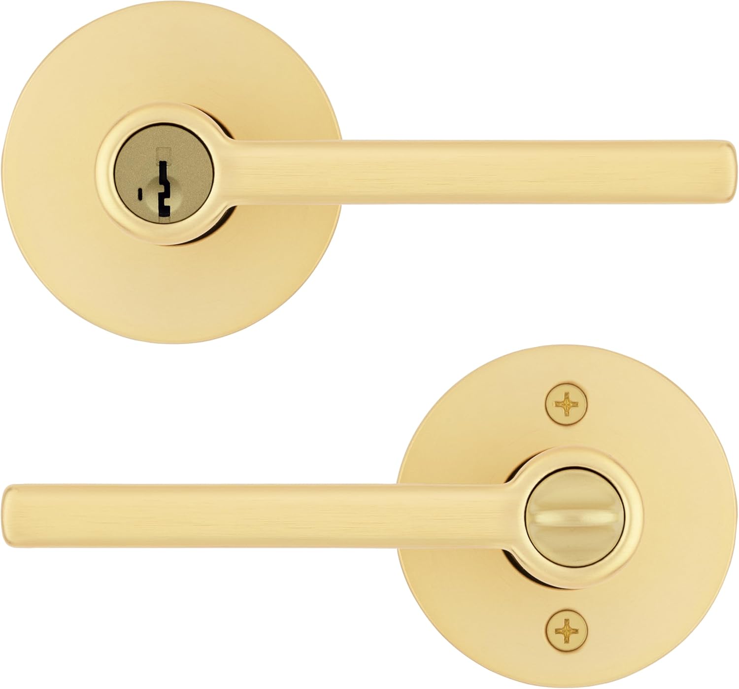 Kwikset Halifax Entry Door Handle with Lock and Key, Secure Keyed Reversible Lever Exterior, for Front Entrance and Bedrooms, Satin Brass, Pick Resistant Smartkey Rekey Security and Microban