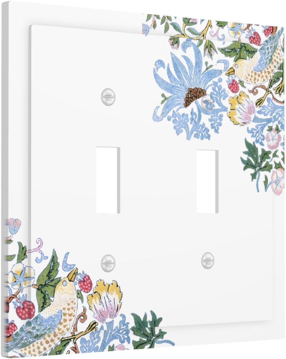 Decorative Light Switch Cover Plate Retro Morris Strawberry Rustic Plant Bird 2 Gang Wall Plate Oversized Double Toggle Two Switch Wall Cover Plate Dual Device Faceplate