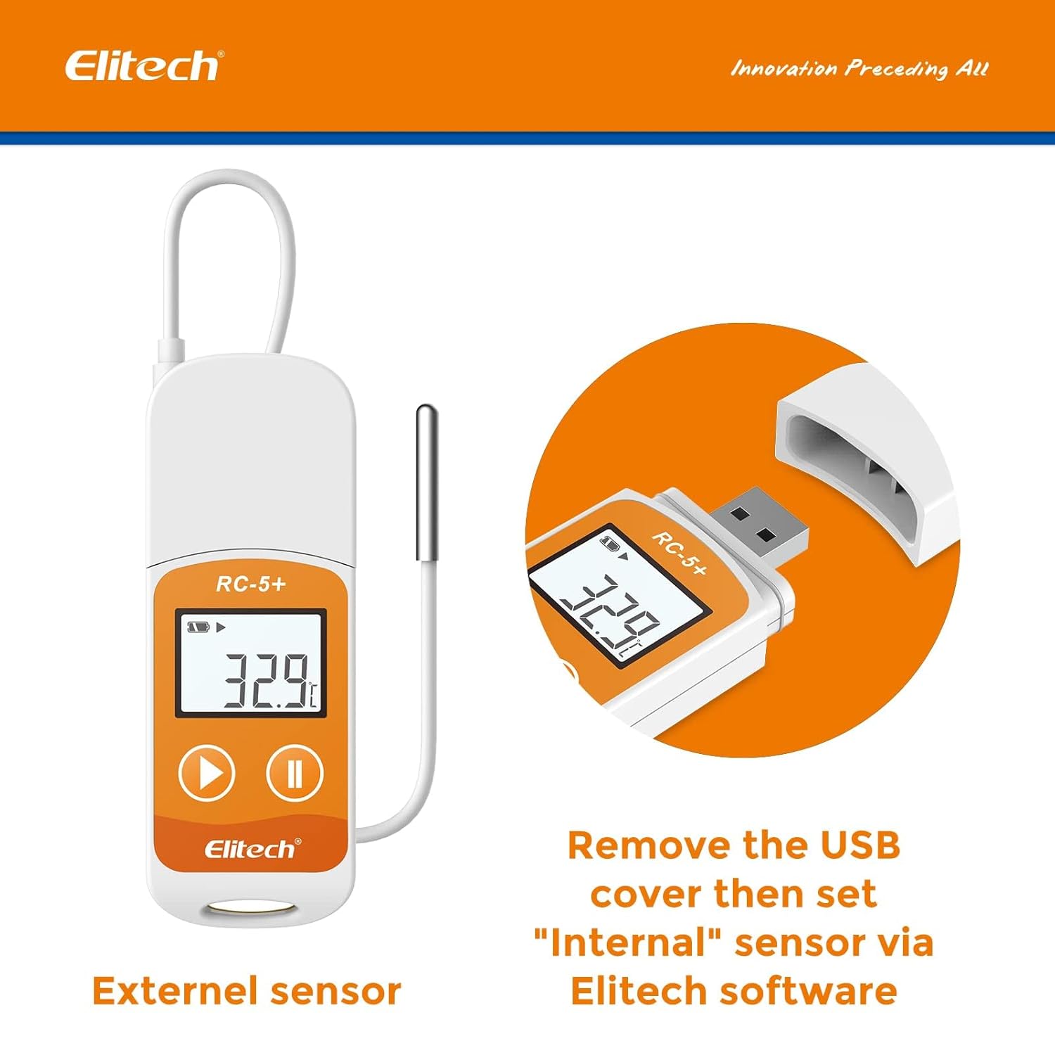 Elitech RC-5+ TE Digital PDF USB Temperature Data Logger Reusable Recorder Refrigerator Thermometer 32000 Points High Accuracy (Extra External Sensor)-10Pack