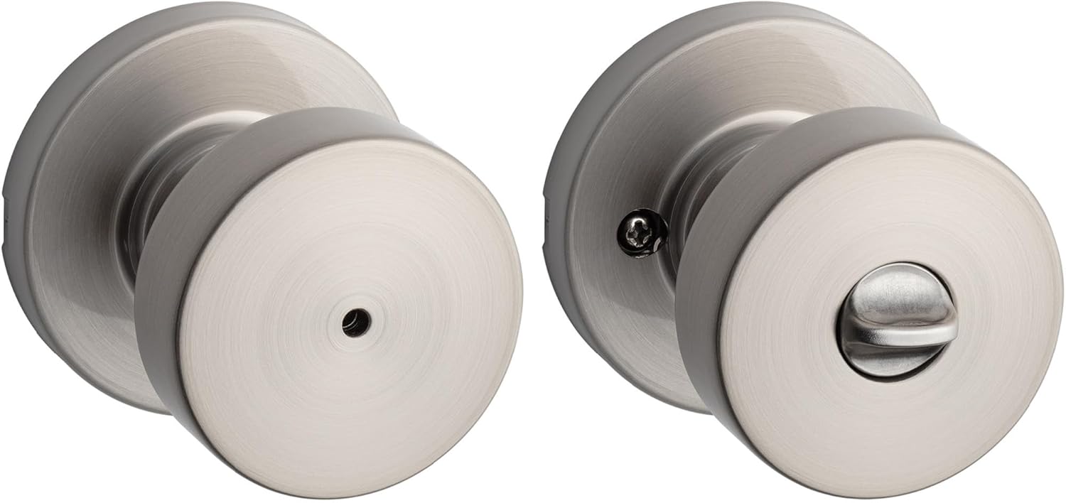 Kwikset Pismo Interior Privacy Door Knob with Lock, Door Handle For Bathroom and Bedroom, Satin Nickel Keyless Turn Lock Doorknob, with Microban Protection