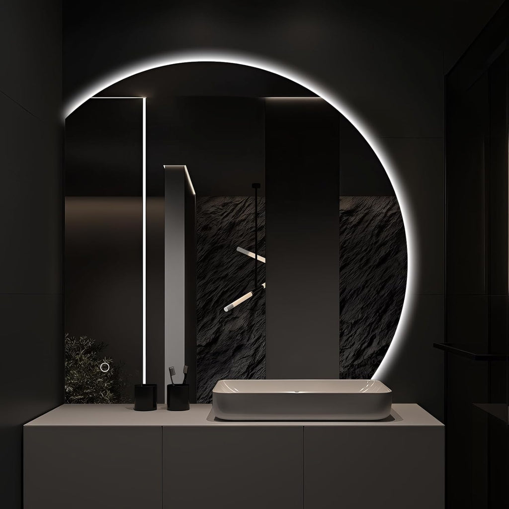 Niccy Half Moon LED Mirror for Bathroom, 36" Semi Backlit Mirrors Frameless Makeup Mirror with Light, Anti-Fog, Shatter-Proof, 3 Colors, Smart Vanity Mirrors