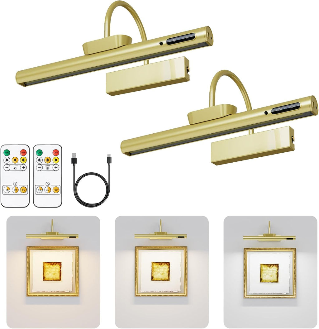 13.8inch Battery Operated Wireless Picture Light，Remote Control Painting Display Lights, Rechargeable Wall Lights with Three Modes and Power Display for Art Frame (13.8in Gold-2set)