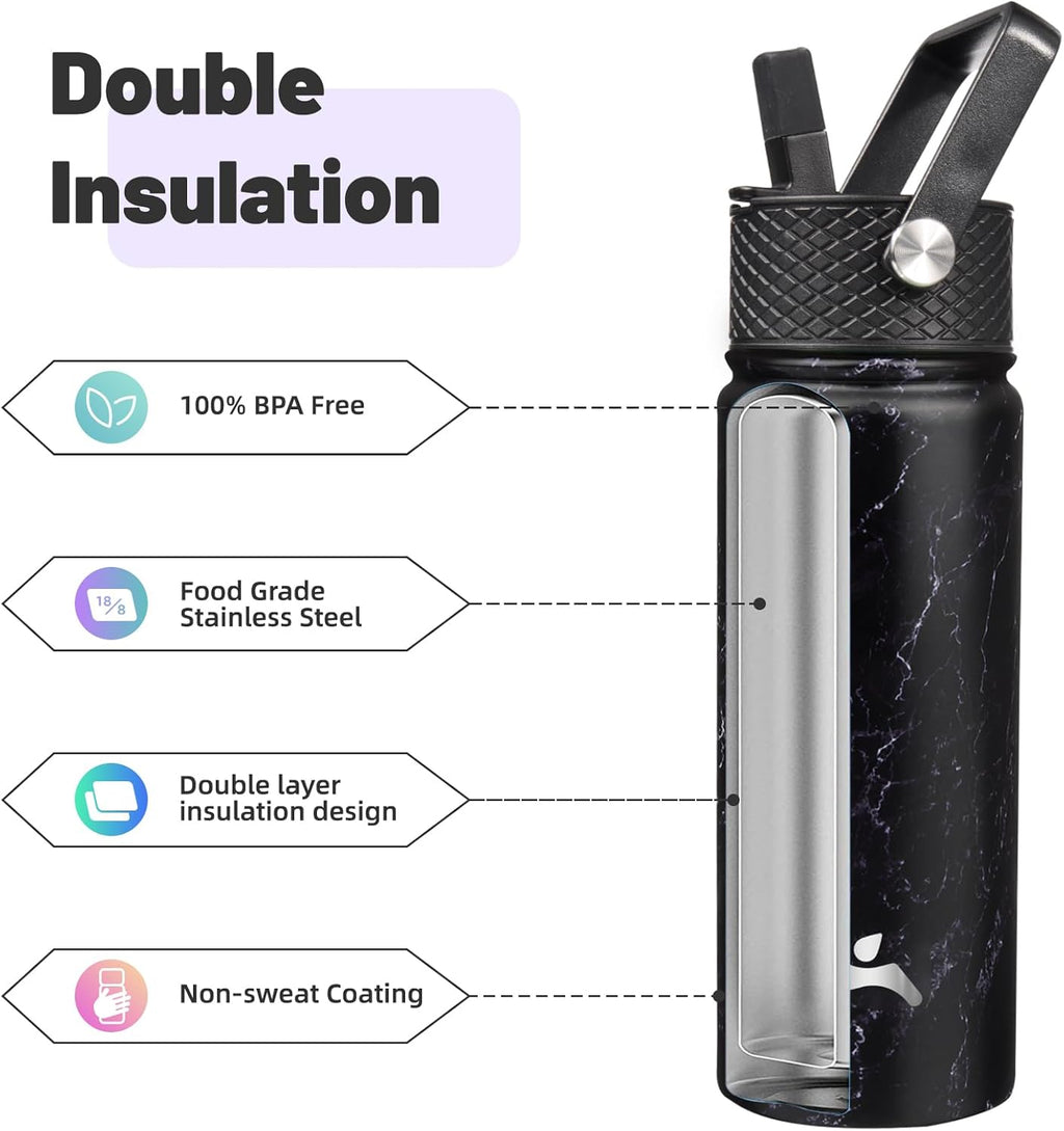 18 oz Insulated Water Bottle Stainless Steel Sport Bottles with 3 Lids,Marble Midnight