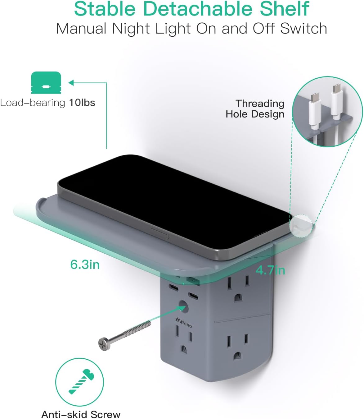 Wall Outlet Extender with Shelf and Night Light, Surge Protector, USB Wall Charger with 5 AC Outlets and 2 USB A Ports 2 USB C Ports Wide Space 3-Sided Power Strip Multi Plug Outlets, Gray