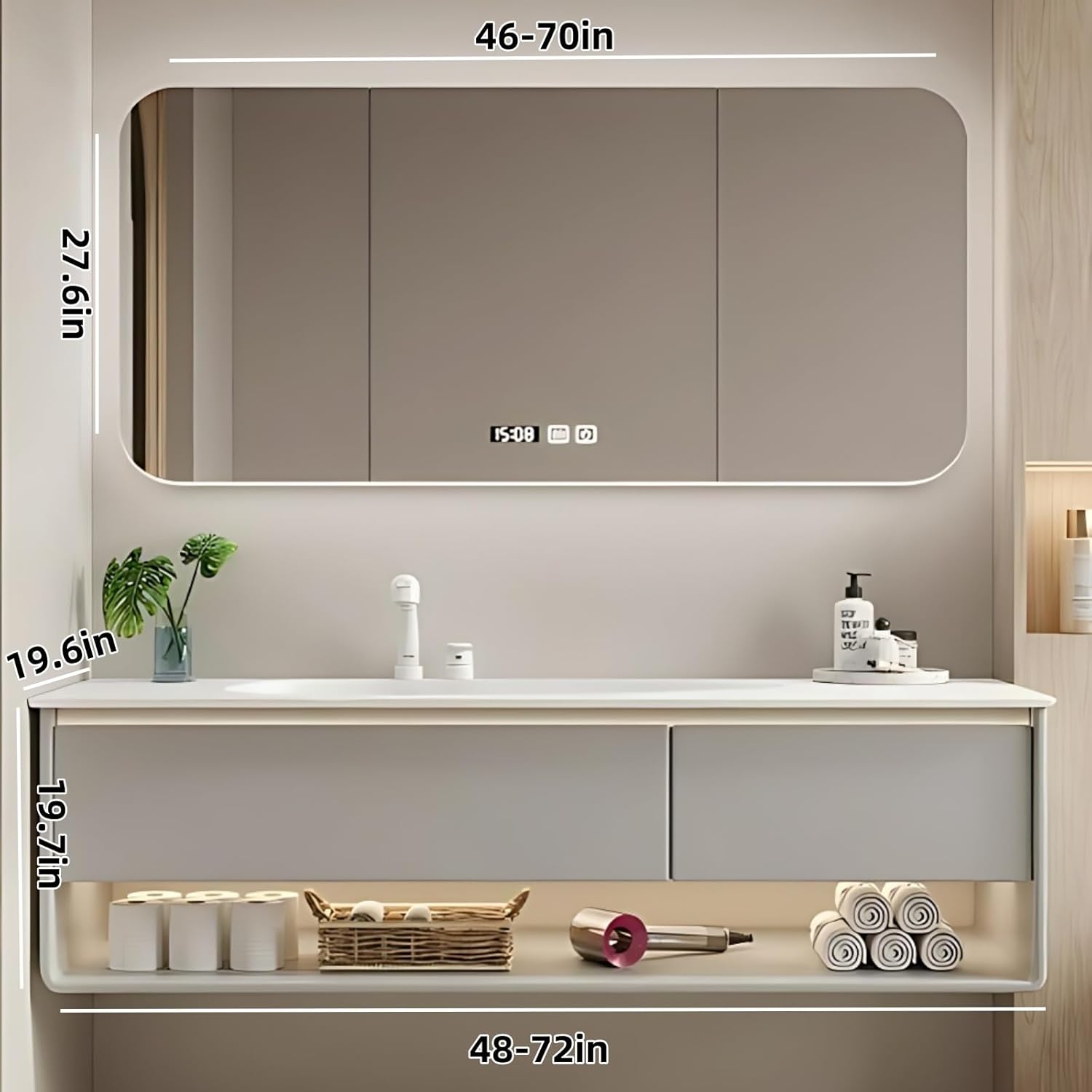 52IN Grey Bathroom Vanity Set - Floating Bathroom Vanity with Single Sink | Including LED Smart Defogging Mirror Cabinet & Time Display Function, Equipped with Motion Sensing Light Strip (Style A)
