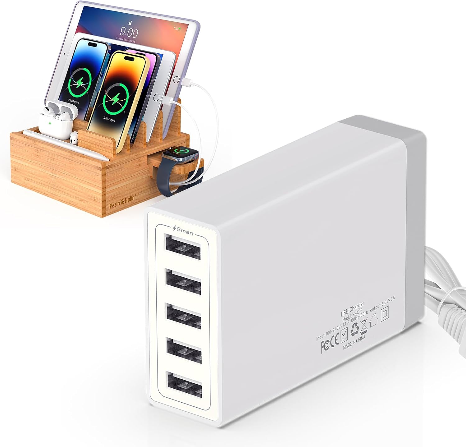 Pezin & Hulin Desktop USB Charging Station with Bamboo Charging Station, Desktop Charger Block, Compatible with Tablet, Cell Phone, Earbuds, Smartwatch