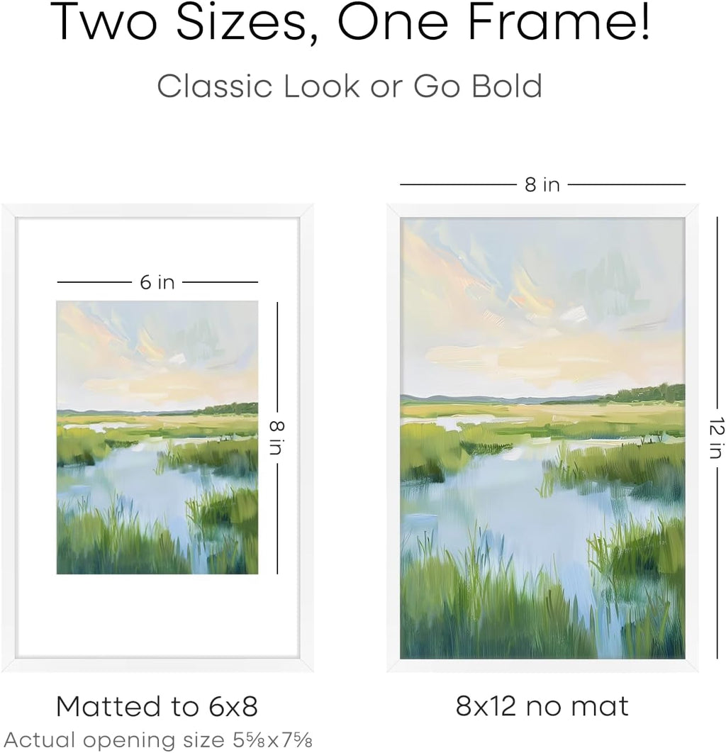 Homeforia 8x12 Picture Frame White, High End Metal 8 x 12 Poster Frames with Mat 6 by 8 for Photo, 12x8 Frame Matted to 6x8 inch Print, 8by12 Wall or Tabletop Frame, Tempered Glass, Wall Kit, Set of 1