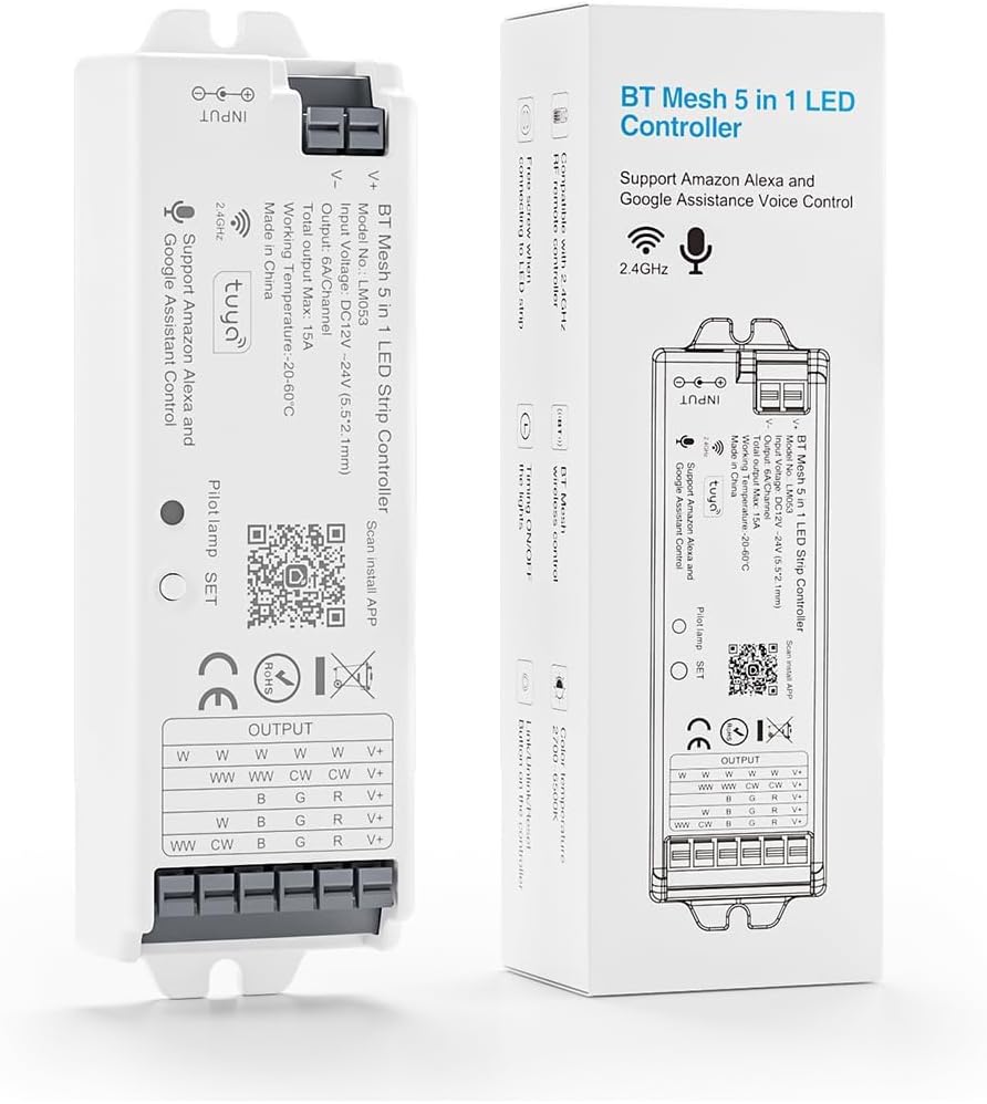 5in1 LM053 Bluetooth Mesh PWM LED Controller SmartLife TuyaSmart APP Control for Dimming CCT RGB RGBW RGBCCT LED Strip Work with WR01RF WR02RF RC01RF RC02RF RC03RF RC04RF RC05RF RF Remote