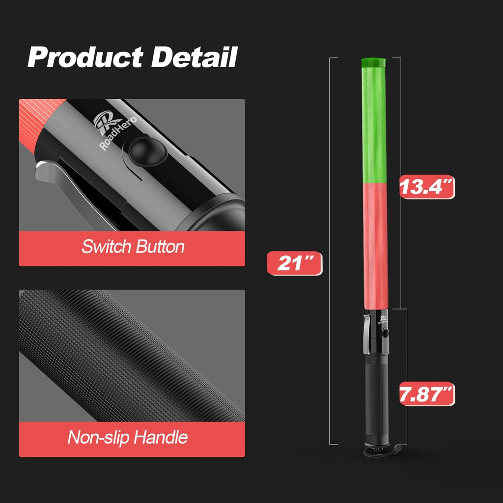 RoadHero 1 Pack 21 Inch Traffic Wands, Red and Green Led Traffic Control Baton, Safety Light Wand with 3 Flashing Modes, Air Marshaling Signal Wand with Side Clip for Airport, Parking, Car Directing