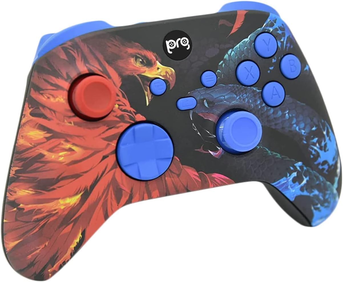 Hand Airbrushed Fade Custom Controller Compatible with Xbox Series X/S & Xbox One (Series X/S Bird V Snake W/Blue Inserts)