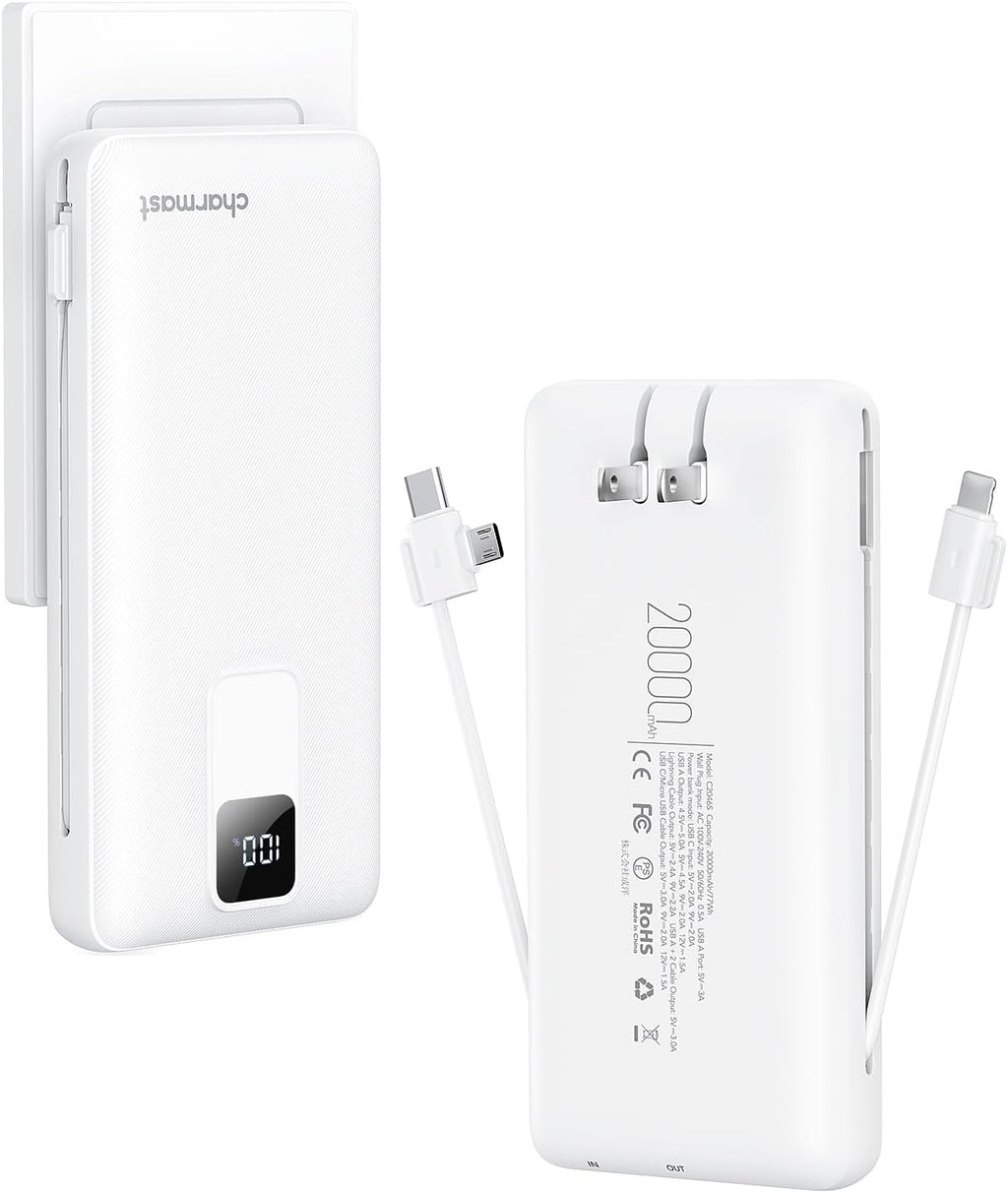 charmast Portable Charger with Built-in Cables and Wall Plug, 20000mAh 20W USB C Power Bank Fast Charging Battery Pack Travel Essentials Compatible with iPhone 16/15/14/13 Series, Samsung Google iPad