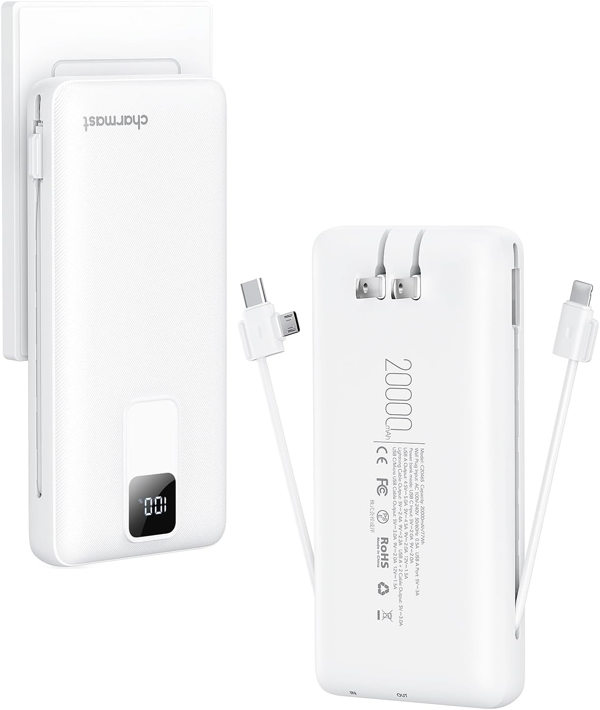 charmast Portable Charger with Built-in Cables and Wall Plug, 20000mAh 20W USB C Power Bank Fast Charging Battery Pack Travel Essentials Compatible with iPhone 16/15/14/13 Series, Samsung Google iPad