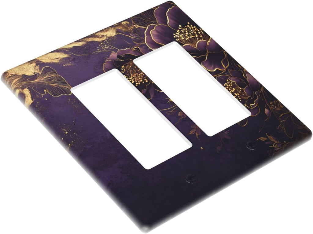 Decorative Outlet Covers Vintage Purple Peony Gold Leaf Flowers Floral 2 Gang Wall Plate Double Rocker Two Switch Wall Cover Plate Jumbo Dual Electrical GFCI Face Plate for Bedroom Decor