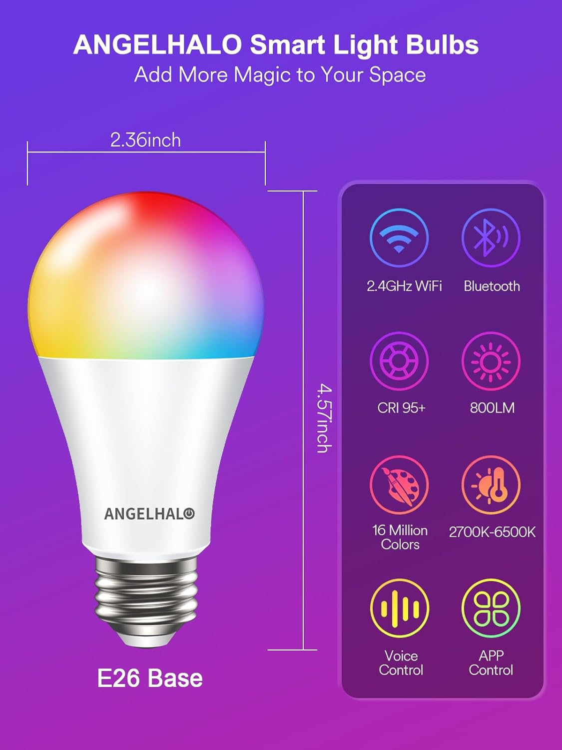 ANGELHALO Smart Light Bulbs, Color Changing A19 LED Light Bulb, Work with Alexa and Google Assistant, Wi-Fi & Bluetooth Light Bulbs, 16 Million Colors RGBCW, Music Sync, 800 Lumens, 2.4Ghz only,2 Pack