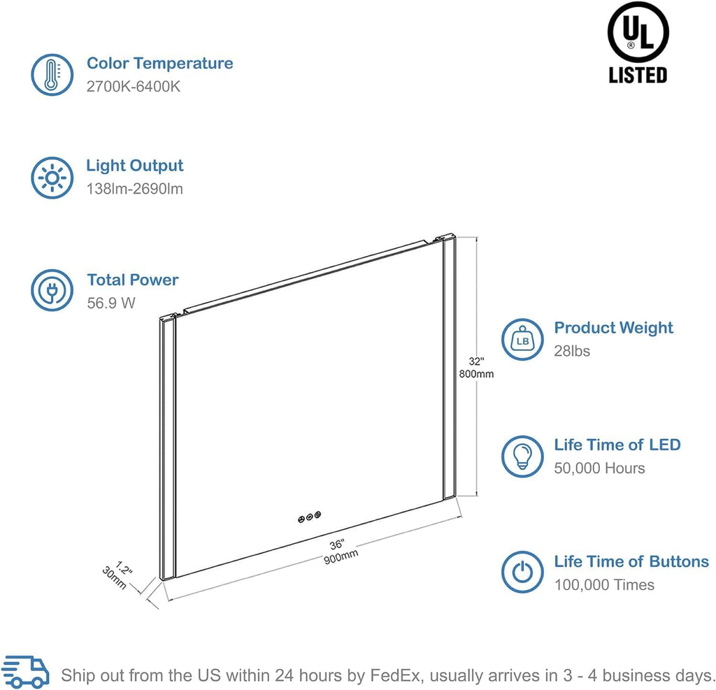 Blossom LED Bathroom Mirror, 36x32 Inch Gradient Front and Backlit LED Mirror for Bathroom, Brushed Gold Frame, Foldable Wing Design, 3 Colors Dimmable CRI>90 Double Lights, IP54 Enhanced, Anti-Fog