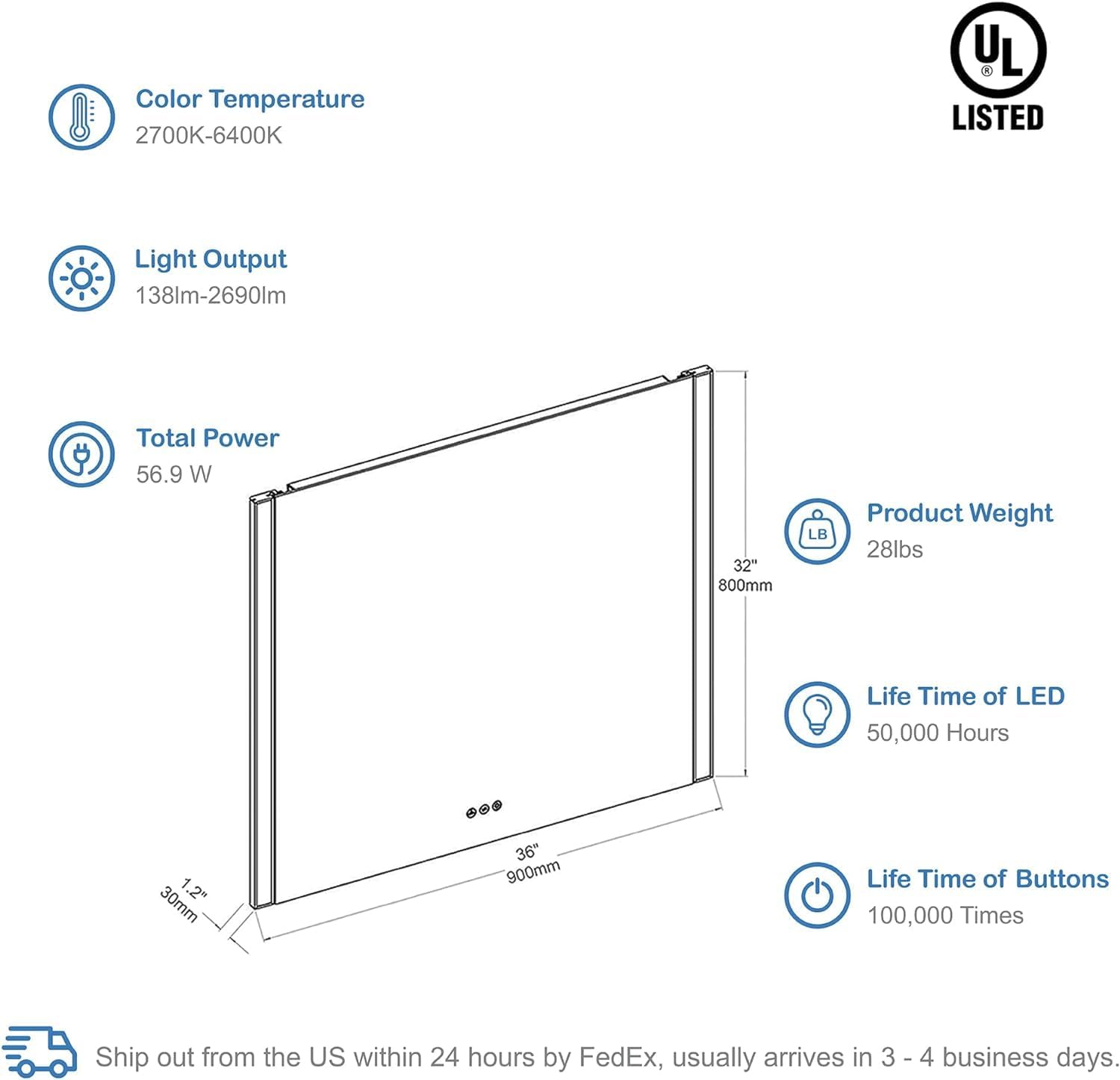 Blossom LED Bathroom Mirror, 36x32 Inch Gradient Front and Backlit LED Mirror for Bathroom, Brushed Gold Frame, Foldable Wing Design, 3 Colors Dimmable CRI>90 Double Lights, IP54 Enhanced, Anti-Fog