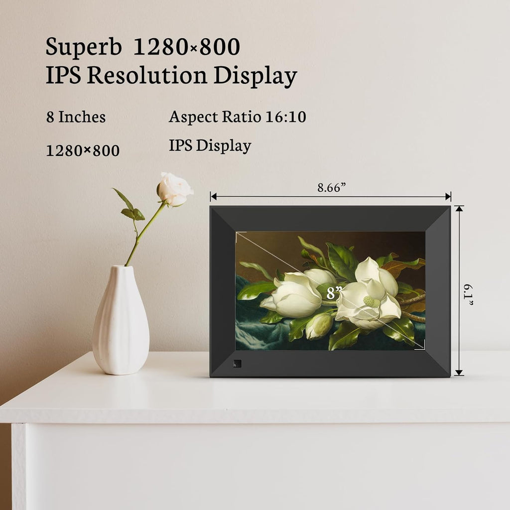 BSIMB 8 Inch Digital Picture Frame Touch Screen, 1280x800 HD WiFi Electronic Photo Frame Album Display 16GB, Share Pictures/Videos via App/USB/SD Easy Setup Gifts for Mom, Auto-Rotate, Solid Black