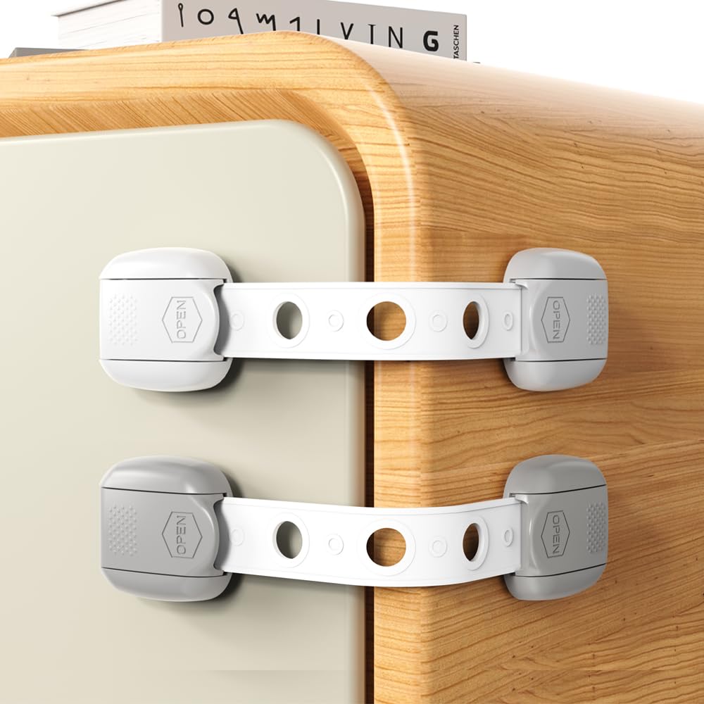 Child Safety Strap Locks (6 Pack) Baby Locks for Cabinets and Drawers, Toilet, Fridge & More. Adhesive Pads. Easy Installation, No Drilling Required, White/Gray (Gray, 6 pcs (Pack of 1))