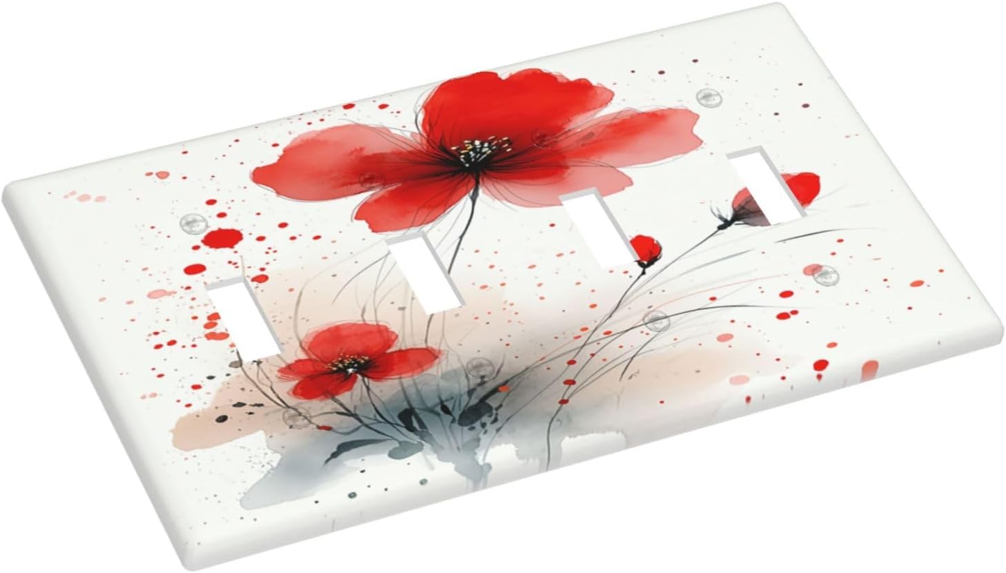 Vintage Watercolor Red Flowers Floral Light Switch Covers Quad Toggle 4 Gang Wall Plate Decorative Switch Plates Electrical Faceplate for Bedroom Bathroom Decor