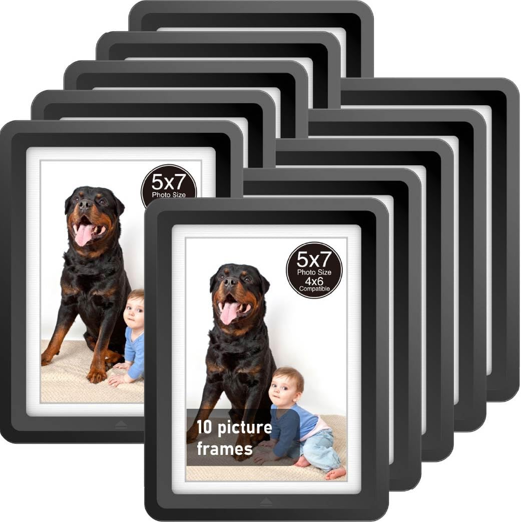 Black 5x7 Picture Frame with Acrylic Front 10 Pack, ABS Frame for 5x7 or 4x11 Photos, Shatterproof UV-Resistant Tabletop Photo Frame, Vertical/Horizontal Display for Home Décor