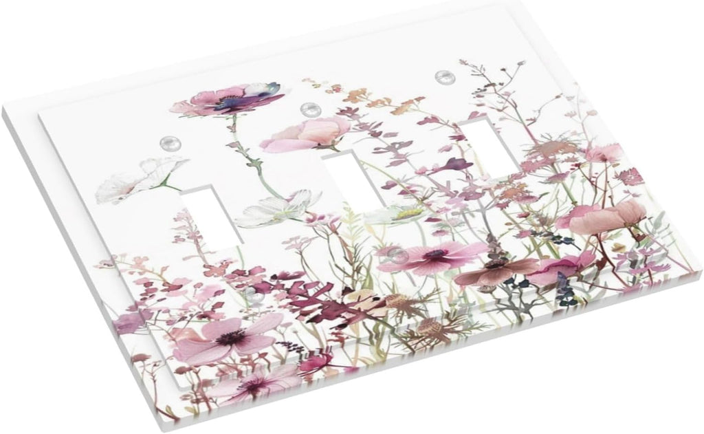 Floral Pink Watercolor Wildflowers Plant Flower Decorative Switch Plates 3 Gang Wall Plate Triple Toggle Light Switch Cover Faceplate Electrical Wall Panels for Bedroom Living Room Decor