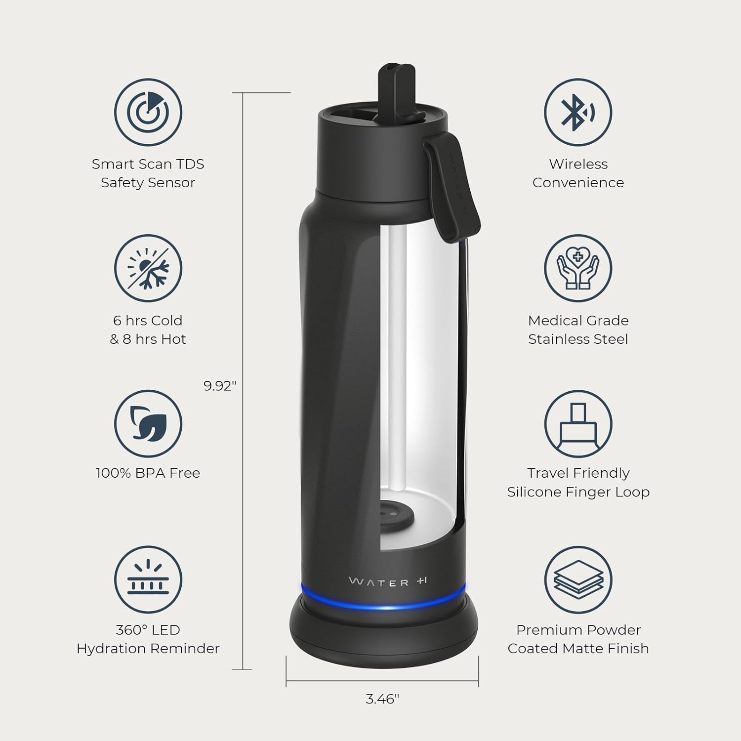 WATERH Vita Smart Water Bottle with Reminder to Drink Water, BPA-Free Vacuum Insulated Water Bottles with Filter & Straw, Bluetooth Intake Water Tracking Bottle, Ideal for Gift (18 oz)