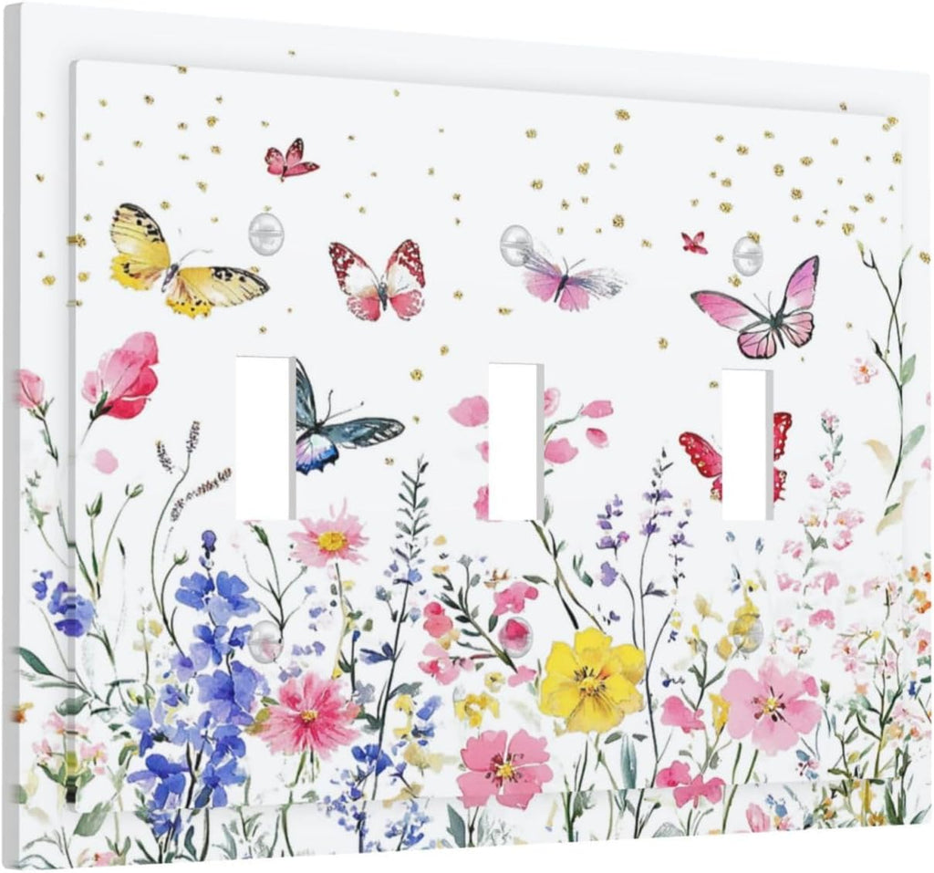 Decorative Switch Plates Watercolor Floral Butterfly Colorful Wildflower 3 Gang Wall Plate Triple Toggle Light Switch Cover Faceplate Electrical Wall Panels For Bed Room Living Room Decor