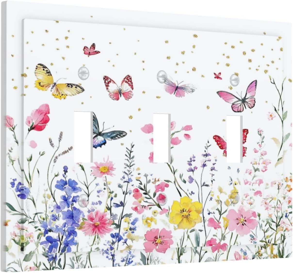 Decorative Switch Plates Watercolor Floral Butterfly Colorful Wildflower 3 Gang Wall Plate Triple Toggle Light Switch Cover Faceplate Electrical Wall Panels For Bed Room Living Room Decor
