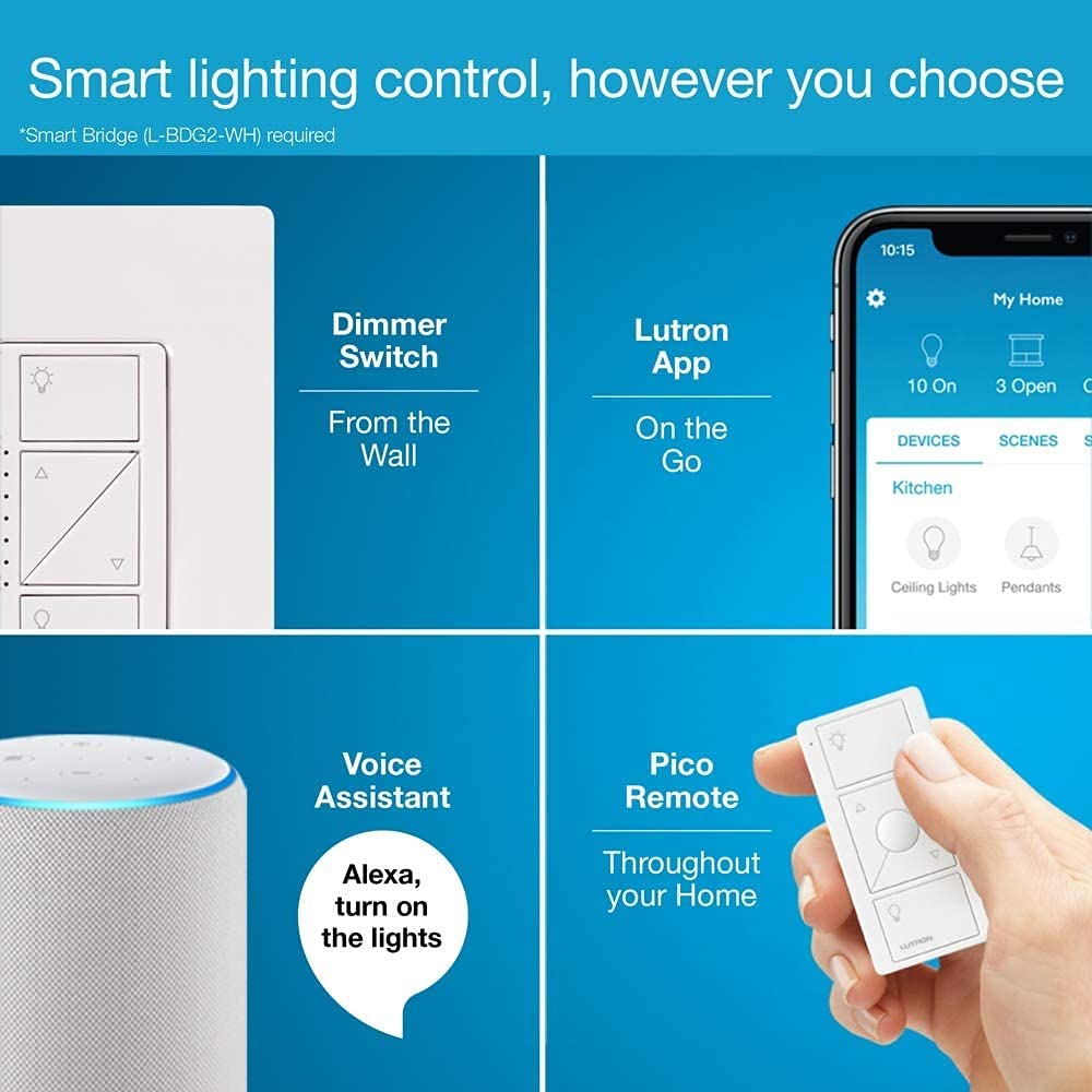 Lutron Caseta Original Smart Dimmer Switch (Lutron Smart Hub Required), for LED Lights, 150 Watt, Single-Pole/3-Way, No Neutral Required, PD-6WCL-BL, Black, 10 Pack