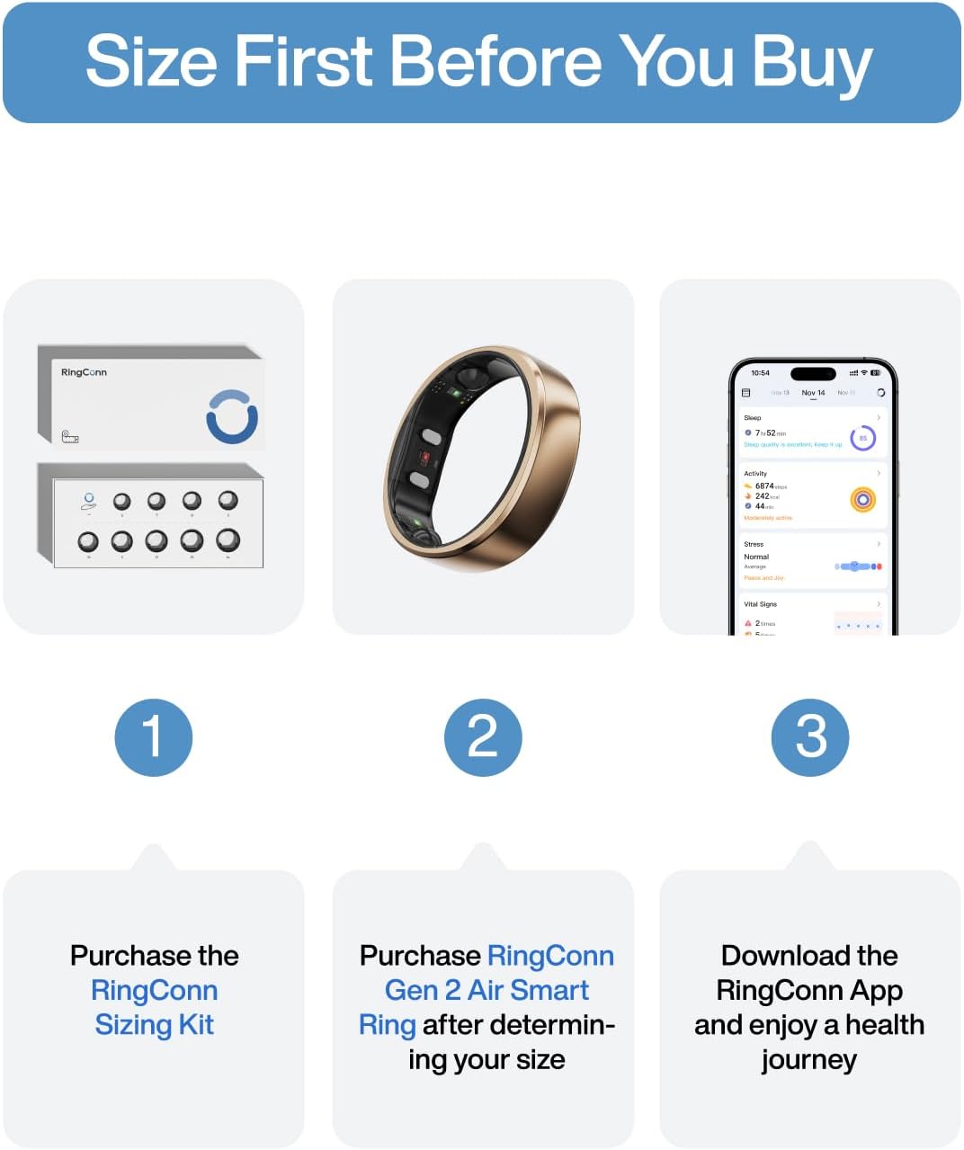 RingConn Gen 2 Air, Ultra-Thin AI Smart Ring, 10-Day Battery Life, Fitness/Sleep/Stress/HR Tracker for Women&Men, No App Fee for Standard Features, iOS & Android Compatible (Size 6, Dune Gold)