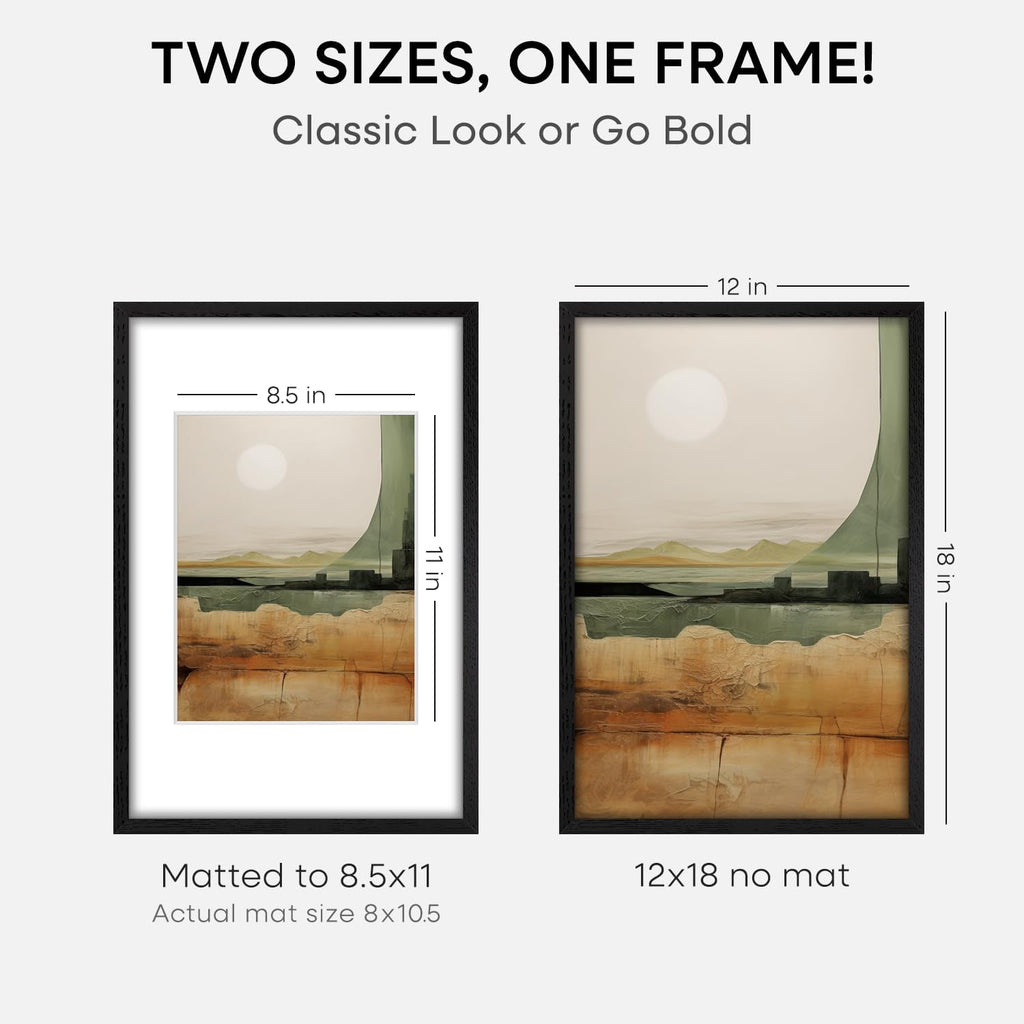 Homeforia 12x18 Frame Black Wood, High End Oak 12x18 Picture Frames with Mat 8.5x11 Photo, 12 x 18 Wooden Poster Frame Matted to 8.5 x 11 Print, 18x12 Hanging Frame, Tempered Glass, Wall Kit, Set of 3