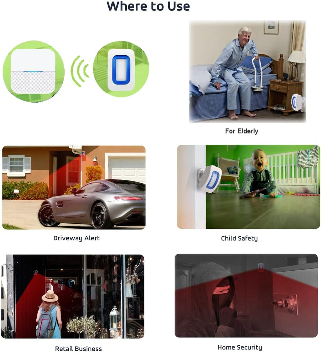 Indoor Motion Sensor Alert Wireless Caregiver Pager Bed Alarm and Fall Prevention for Elderly Dementia Patients (1 Battery Receiver 2sensor)