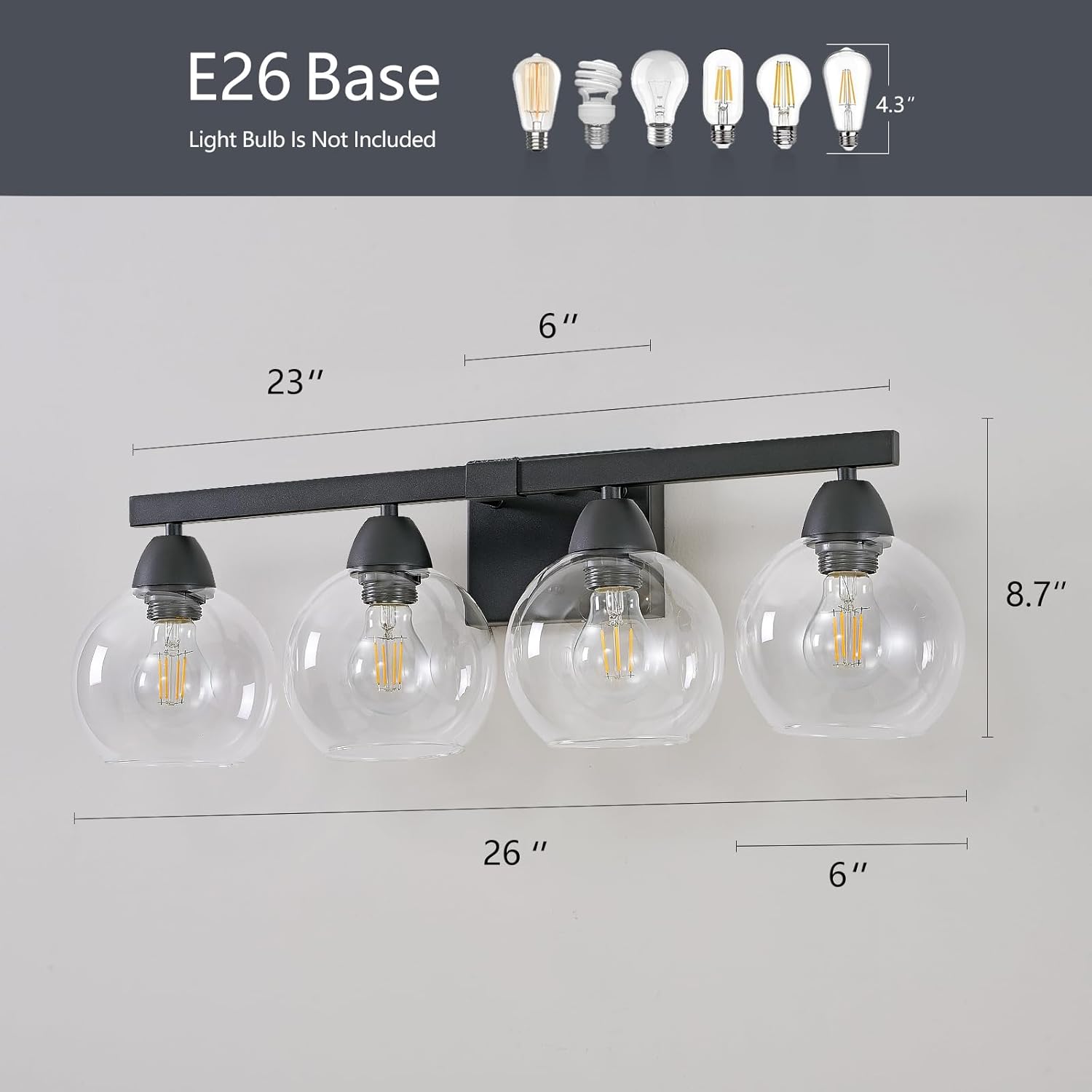 4-Light Bathroom Vanity Light, Matte Black Wall Sconce with Hand-Crafted Thick Glass Shades, High Transparency & Few Flaws, Perfect for Mirror, Bedroom, Hallway