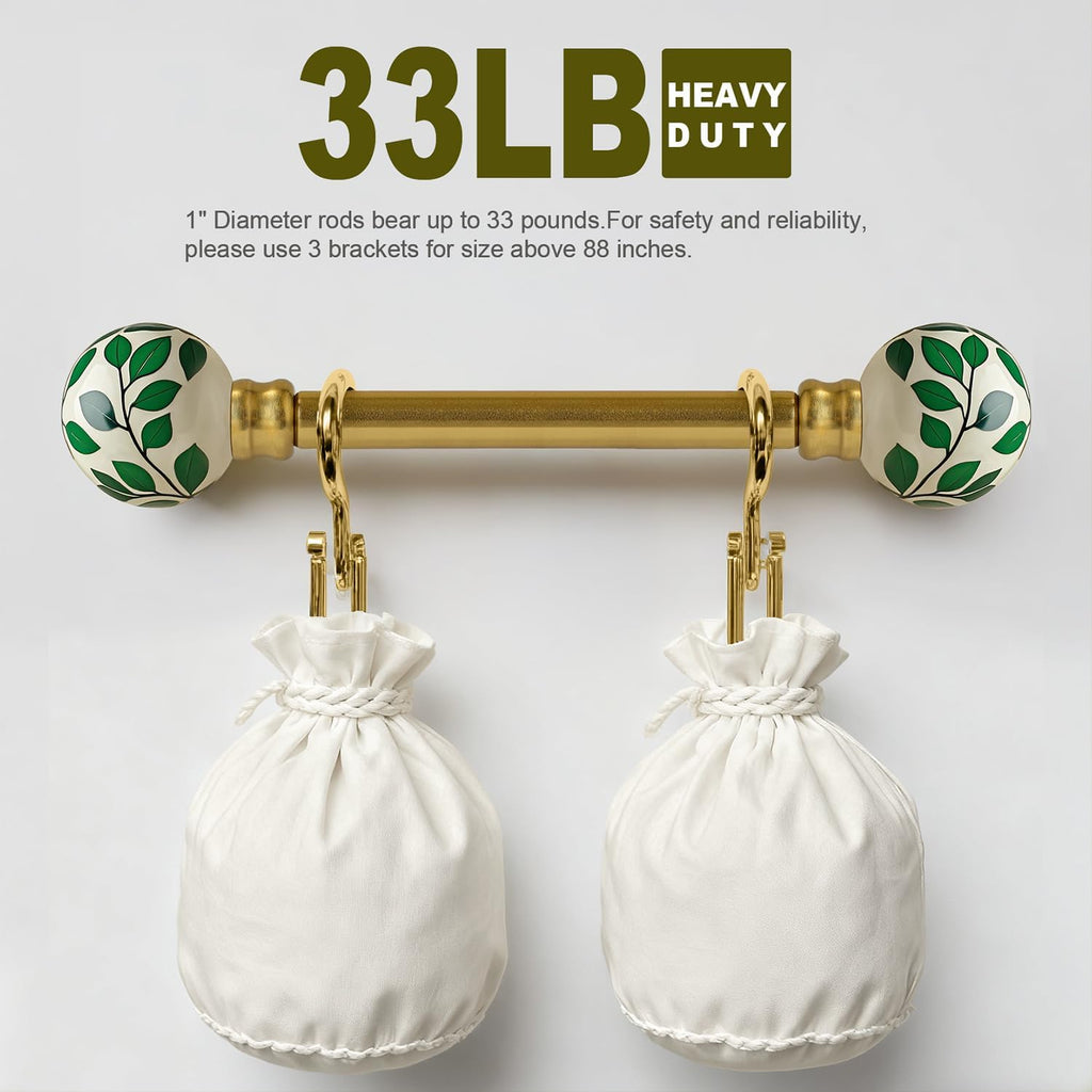 Gold Curtain Rods for Windows 72 to 144 Inches Adjustable Length Heavy Duty 1" Diameter Green Ceramic Window Curtain Rod with Modern Leaf Pattern Decorative Finials for Bedroom Living Room Kitchen