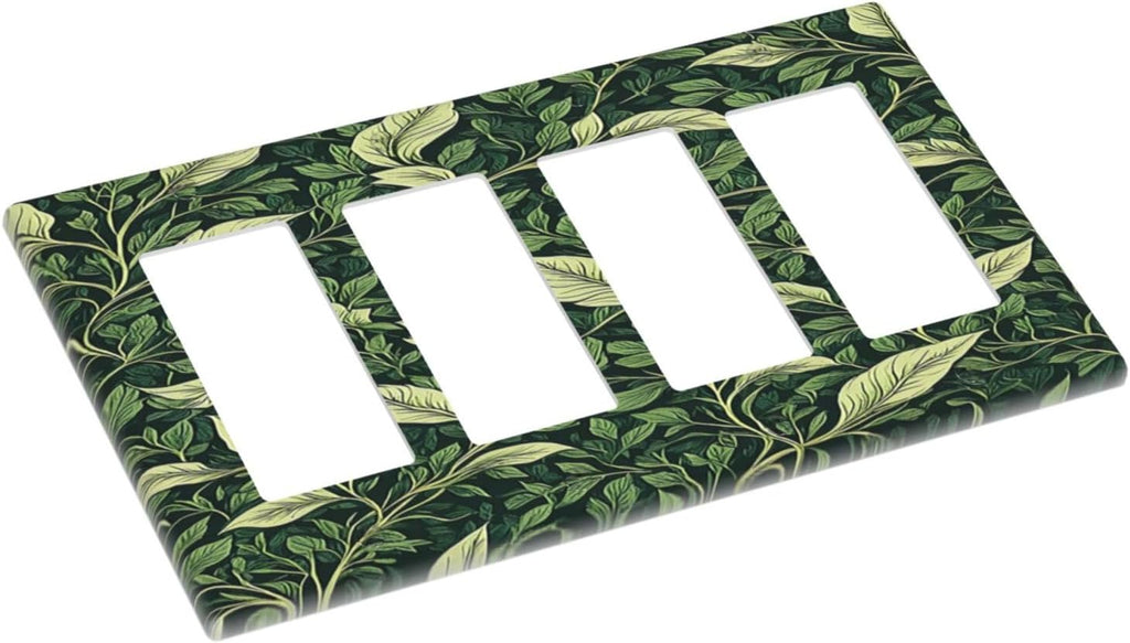 Vintage Green Plant Leaves 4 Gang Wall Plates Outlet Covers Quad Rocker Light Switch Cover Plate Decorative Switch Plates GFCI Electrical Faceplate for Bathroom Bedroom Decor 4.5 X 8 IN