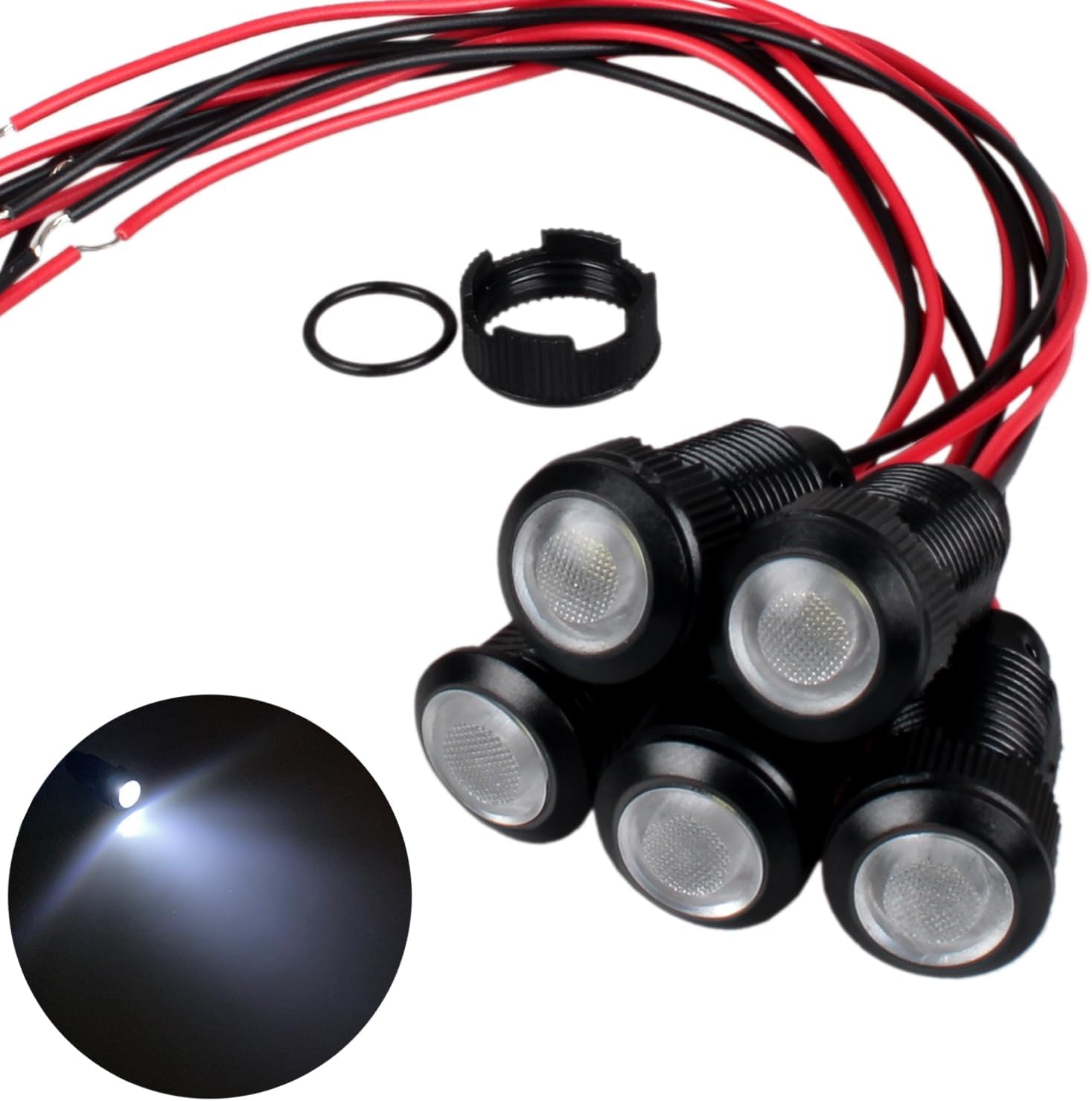5pcs 12mm 12V-24V LED Indicator Light Plastic Black Signal Dot Lamp 12V-24V 1/2 inches Mounting Hole Size with 15cm/5.9in. Wire (White LED)