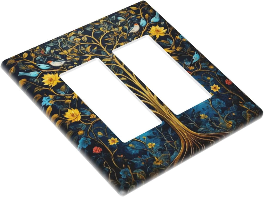 Gold Tree With Birds Flowers on Branches Dual Outlet Covers Wall Plate 2 Gang Rocker Decora Decorative Switchplate Electrical Faceplate GFCI Light Switch Covers for Farmhouse Living Decor